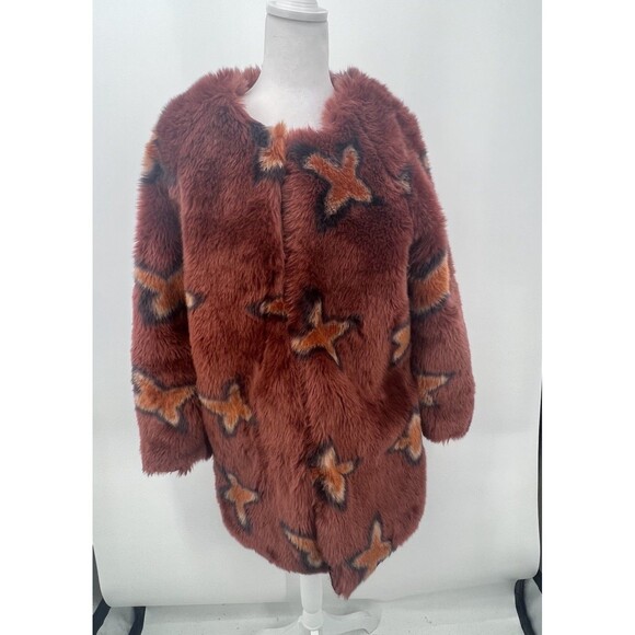 Free People Wrap Me Up Faux Fur Coat Jacket Size M Printed Stars Boho Rare - Picture 1 of 16